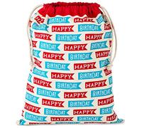Hallmark 20" Extra Large (Happy Birthday) Reusable Wrap for Kids, Adults, Grandchildren Fabric Drawstring Gift Bag, X, Red and Blue Flags