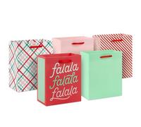 Hallmark 6" Small Pink and Green Holiday Gift Bags (5 Bags: Fa La La, Pink, Green, Red Plaid) for Kids, Teachers, Coworkers, Party Favors, Gift Cards