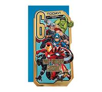 Hallmark 6th Birthday Card - Die-Cut Marvel Avengers Design | 22.8cm x 12.1cm, Multicoloured Card, Gold Foil Details, Spot the Difference Puzzle, Bright Blue Envelope