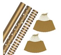 Hallmark Gold Christmas Wrapping Paper and Gift Tag Bundle - 3 Rolls of Paper in 3 Designs With 2 Packs of 10 Plain Gold Gift Tags