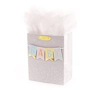 Hallmark 9" Medium Baby Gift Bag with Tissue Paper - Baby Banner in Grey, Pink and Blue for Baby Showers, New Parents, and More