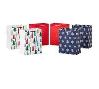 Hallmark 9" Medium Bag Bundle (6 Bags, 3 Designs: Red Polka Dot, Colorful Christmas Trees, Navy Snowflake) for Christmas, Birthdays, Kids