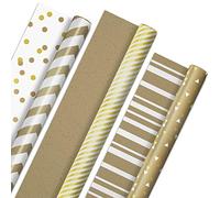 Hallmark All Occasion Reversible Wrapping Paper - Gold & Kraft Stripes, Triangles, Chevron, Polka Dots (3 Rolls: 75 sq. ft. ttl) for Birthdays, Christmas, Hanukkah, Crafts