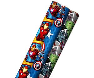 Hallmark Avengers Wrapping Paper with Cut Lines on the Reverse (3-Pack: 60 sq. ft. ttl) with Captain America, Iron Man, Black Widow, Thor and Hulk for Birthdays, Christmas, Father's Day and More