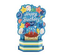 Hallmark Birthday Card, 3D Birthday Design, Pop Up Card, Musical, Light Up, Cake, Balloons, Stars, Blue, Yellow, Green
