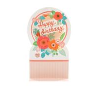 Hallmark Birthday Card, 3D Birthday Design, Pop Up Card, Musical, Motion, Snow Globe, Pink Confetti, Pink Snow, Florals, Flowers, Pink, Orange, Blue