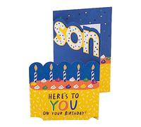 Hallmark Son Birthday Card, Birthday Card for him, Bold Blue Tri-Fold Design, Fold Out Yellow Birthday Cake, Candles, Fun