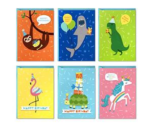 Hallmark Birthday Cards for Kids Assortment, 48 Cards with Envelopes (Dinosaurs, Sloths, Unicorns, Flamingos, Turtles, Sharks)