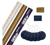 Hallmark Blue and Gold Wrapping Compendium - 3 Rolls of Paper in Designs with 6 Co-ordinating Tags 2 Raffia Ribbon, Navy Compendium Pack