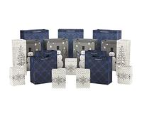 Hallmark Blue and Silver Bulk Christmas Gift Bags Assorted Sizes (18 Gift Bags: 5 Small 5", 4 Medium 8", 4 Large 11", 3 XL 14", 2 Bottle Bags) Snowflake, Tree, Snowman, Plaid