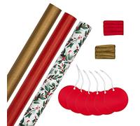 Hallmark Christmas Gifting Compendium, 3 Pack Wrapping Paper, 2M Each, 6 Gift Tags, 2 Raffia Ribbons, Festive Designs, Red, Gold Compendium Pack