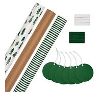Hallmark Christmas Gifting Compendium, 3 Pack Wrapping Paper, 2M Each, 6 Gift Tags, 2 Raffia Ribbons, Rustic, Green, White Compendium Pack