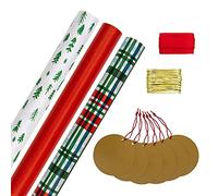 Hallmark Christmas Gifting Compendium, 3 Pack Wrapping Paper, 2M Each, 6 Gift Tags, 2 Raffia Ribbons, Tartan, Red, White, Green Compendium Pack