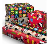 Hallmark Disney Mickey Mouse Wrapping Paper Mini Rolls, 3-Pack (Mickey, Minnie, Mouse Ears, Red and Black) for Birthdays, Graduations, Celebrations, Any Occasion - 45 Sq. Ft. Total