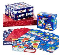Hallmark Flat Birthday Wrapping Paper Sheets with Cutlines on Reverse (12 Folded Sheets with Sticker Seals) Happy Birthday, Red Confetti, Blue with Cakes