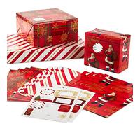 Hallmark Flat Christmas Wrapping Paper Sheets with Cutlines on Reverse and Gift Tag Seals (12 Folded Sheets, 16 Gift Tag Stickers) Red, White and Gold Stripes, Santa Claus, Snowflakes on Plaid