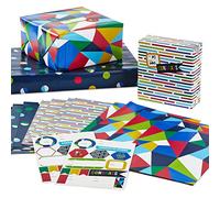 Hallmark Flat Wrapping Paper Sheets with Cutlines on Reverse (12 Folded Sheets with Sticker Seals) Red, Blue, Green, Yellow Geometric, Stripes, Dots for Birthdays, Father's Day, Graduation