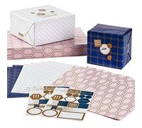 Hallmark Flat Wrapping Paper Sheets with Cutlines on Reverse (12 Folded Sheets with Sticker Seals) White and Gold Dots, Pink Geometric, Navy Blue Plaid for Weddings, Bridal Showers, Graduation