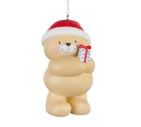 Hallmark Forever Friends Hanging Resin Christmas Ornament | Forever Friends bear wearing Santa hat and holding a present, hardwearing resin ornament, H7.8cm by W5cm by D5cm