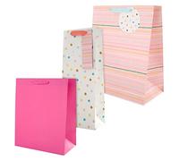 Multi Occasion Gift Bag Bundle - 1 Large Gift Bag, 1 Medium Gift Bag and 1 Bottle Bag in 3 Contemporary Pink Designs