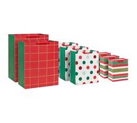 Hallmark Glittery Red, White and Green Gift Bag Assortment (8 Bags: 3 Small 6", 3 Medium 9", 2 Large 13") Gold Glitter Stripes, Polka Dots, Windowpane Plaid for Christmas, Birthdays, Holidays