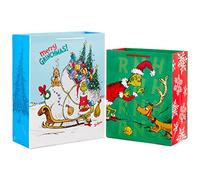 Hallmark Grinch Christmas Gift Bags for Kids (2 Bags: 1 Large 13", 1 Extra Large 15") Grinch with Max and Sleigh, Dr. Seuss' How the Grinch Stole Christmas!