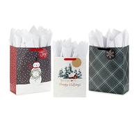 Hallmark Holiday Gift Bag Bundle with Tissue Paper and Gift Tags (3 Bags: 2 Extra Large 15", 1 Large 13") Gray Plaid, Snowy Farmhouse, Rustic Snowman