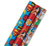 Hallmark Justice League Wrapping Paper Bundle with Cut Lines on Reverse (3 Rolls - 60 sq. ft. ttl) Wonder Woman, Batman, Superman, Flash, Green Lantern