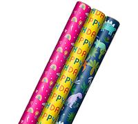 Hallmark Kids Birthday Wrapping Paper (3 Rolls: 75 sq. ft. ttl) Rainbows, Hearts, Flowers on Bright Pink, T-Rex, Dinosaurs, Jungle on Navy Blue, Green, Red, Orange "Happy Birthday" on Yellow