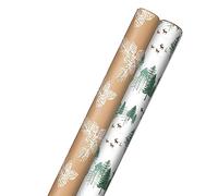 Hallmark Kraft Recyclable Christmas Wrapping Paper with Cut Lines (2 Rolls: 150 Sq. Ft. Ttl) Green Trees on White, White Pine Cones on Brown Kraft for Holidays, Hanukkah, Weddings, 0005JXW1203
