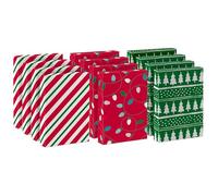 Hallmark Medium Christmas Gift Boxes with Lids (12 Shirt Boxes, 3 Designs: Lights, Trees, Red and Green Stripes) for Christmas, Holiday Parties, Hostess Gifts