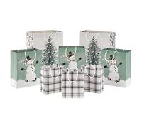 Hallmark Recyclable Bags Assortment (8 Bags: 3 Small 6", 3 Medium 9", 2 Large 13") in White, Sage Green with Rustic Snowman, Plaid, Evergreen Tree for Christmas, Winter Weddings, Birthdays