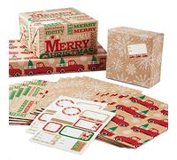 Hallmark Recyclable Kraft Christmas Flat Wrapping Paper Sheets with Cutlines on Reverse (12 Folded Sheets with Sticker Gift Tags) Rustic Red Trucks, White Snowflakes, Merry Christmas" Lettering