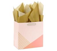Hallmark Signature Studio 7" Medium Square Gift Bag with Tissue Paper (Coral, Blush Pink, Gold Stripes) for Birthdays, Mother's Day, Bridal Showers, Weddings, Baby Showers and More