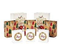 Hallmark Sustainable Gift Bags (8 Bags: 3 Small 6", 3 Medium 9", 2 Large 13") Recyclable Kraft with Pink Trees, "Merry Holidays" Winter Flowers, "Joy" Wreath for Christmas, Hanukkah, Weddings