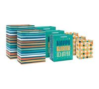 Hallmark Teal and Yellow Birthday Gift Bag Assortment (8 Bags: 3 Small 6", 3 Medium 9", 2 Large 13") Dots, Stripes, Happy Birthday