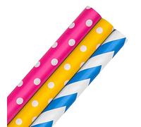 Hallmark Wrapping Paper, Roll Wrap, Pack of 3, 3 Colours, Pink, Yellow, Blue, Polka Dot and Zig Zags, 2M Each
