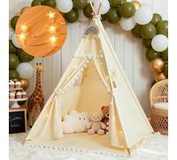 HalloDeer Teepee Tent for Kids with Padded Mat & Star Lights, Cotton Canvas Foldable Kids Teepee Indoor Outdoor, Toddler Play Tent for Boys Girls, Kids Tents for Inside Playhouse