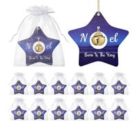 Halloscume 12 Pcs Noel Born Is the King Star Ornament Christmas Star Wood Ornament with Jingle Bell Religious Hanging Decoration Xmas Christian Wood Cutout with String for Seasonal Holiday Party Decor