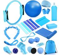 Halloscume 24 Pcs Home Pilates Kit for Women, Pilates Equipment Ring and Ball Set with Stretching Strap, Water Bottle, Magic Circle, Yoga Ring, Gym Bag, Resistance Band, Anti Slip Socks(Blue)
