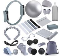 Halloscume 24 Pcs Pilates Kit, Home Pilate Equipment for Women, Pilates Ring and Ball Set with Stretching Strap, Water Bottle, Magic Circle, Yoga Ring, Gym Bag, Resistance Band, Anti Slip Sock(Gray)