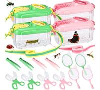 Halloscume 4 Sets Bug Catcher for Kids Students Insect Catching Kit Collector Bug Box with House, Butterfly Net, Tweezer, Cage Habitats Container Collection Explorer Gift (Pink,Green)