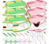 Halloscume 6 Sets Bug Catcher for Kids Students Insect Catching Kit Collector Bug Box with House, Butterfly Net, Tweezer, Cage Habitats Container Collection Explorer Gift (Pink,Green)