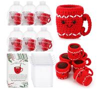 Halloscume 6 Sets Christmas Hot Cocoa Gift Set Bulk Funny Handmade Crochet Cocoa Cup with Positive Warm Greeting Cards Organza Bags Coffee Lovers Gifts Party Favors Christmas Home Table Decorations