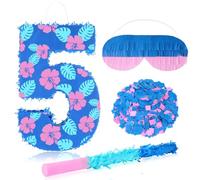 Halloscume Number 5 Piñata with Hibiscus Design, Dark Blue Birthday Decorations with Stick Blindfold Confetti for Anniversary Party Decorations Supplies