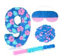 Halloscume Number 9 Piñata with Hibiscus Design, Dark Blue 9th Birthday Decorations with Stick Blindfold Confetti for Anniversary Party Decorations Supplies