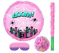 Halloscume Pink Spider Piñata Birthday Party Favors Set Spider Party Decor with Batting Stick Eye Mask Blindfold and Confetti for Cartoon Hero Movie Theme Decorations