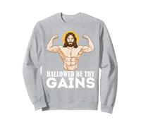Hallowed Be Thy Gains Funny Muscle Jesus Weight Lifting Sweatshirt, Adult Unisex, Heather Grey, Medium