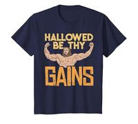Hallowed Be Thy Gains Jesus Funny Workout Gym Fit Men Muscle T-Shirt, Youth, Navy Blue, Medium