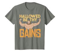 Hallowed Be Thy Gains Jesus Funny Workout Gym Fit Men Muscle T-Shirt, Youth, Olive Heather, Small